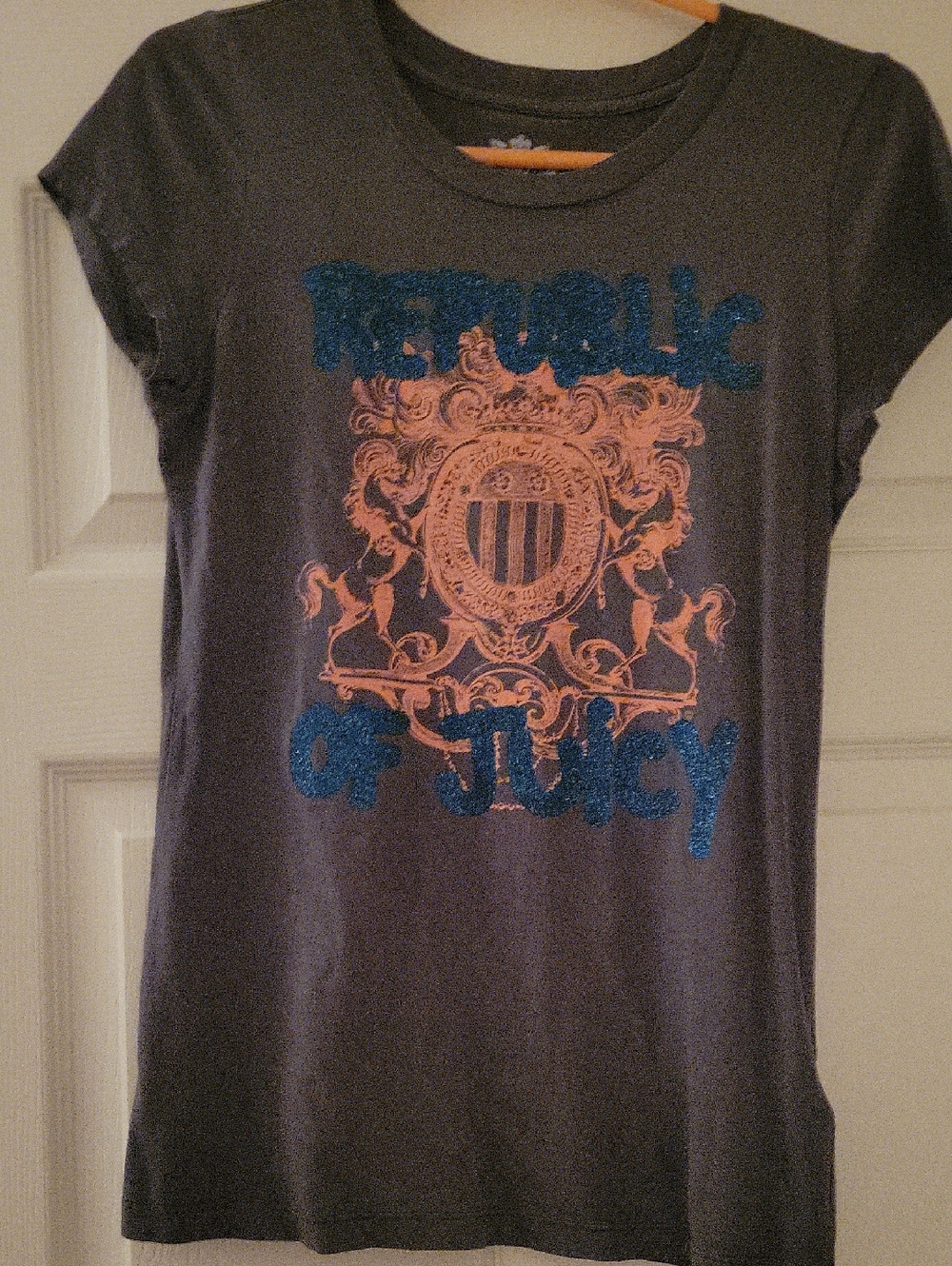 Juicy Couture Gray Tee with Blue Glitter Text & Orange Crest